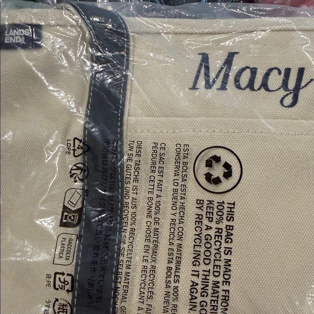 LANDS’ END Medium 5 Pocket Zipper Top Canvas Tote Bag PERSONALIZED -MACY- NWT - Picture 4 of 4